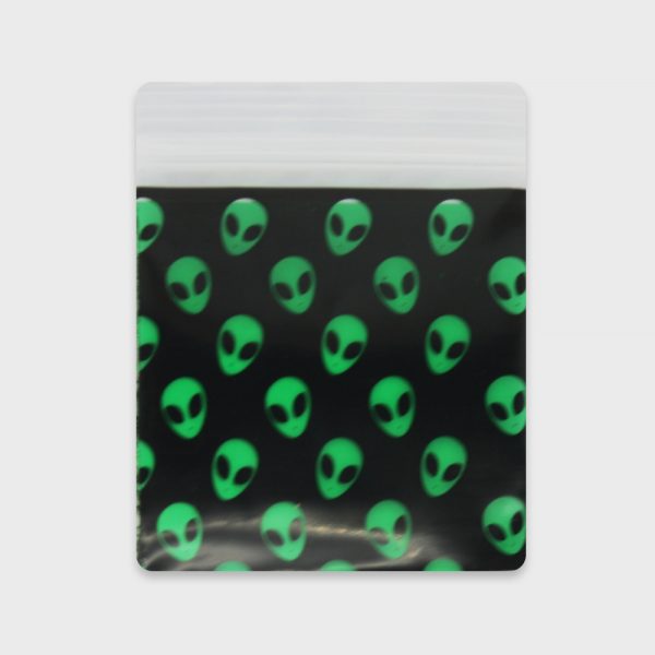 Resealable Plastic Bags 51×51 mm Black with Green Alien Patterns