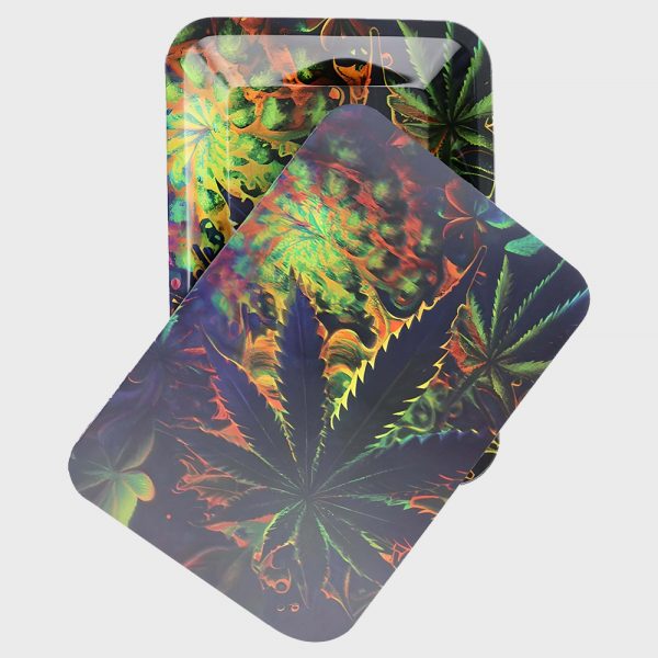 3D Marijuana Leaf Metal Rolling Tray with Lid 18×12 cm