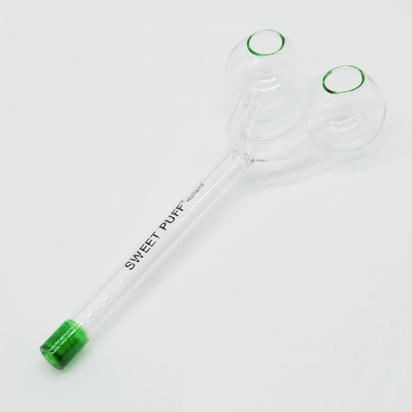 Sweet Puff Glass Pipe Straight Twin Bowl 15cm Green Tip