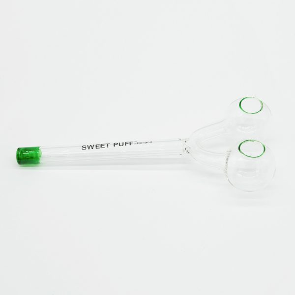 Sweet Puff Glass Pipe Straight Twin Bowl 15cm Green Tip