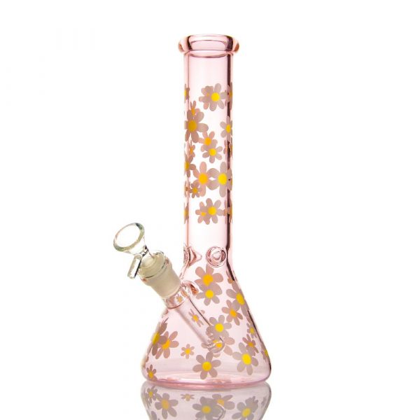 Glows In The Dark Pink Daisy Glass Beaker Bong - Image 2