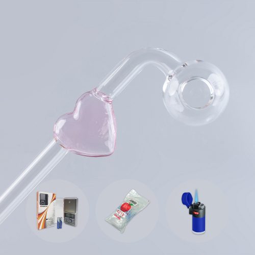 Combo Full X1 Love Heart Sweet Puff Glass Pipe 14cm Pink and Balancer